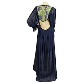 Autre Marque-Marilena Z Blue Embroidered Bib Tulle Open Back Maxi Long Dress size OS-Blue,Green
