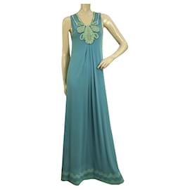 Autre Marque-Ranna Gill Blue Turquoise Embroidered Bib Sleeveless Maxi Long Dress size S-Green