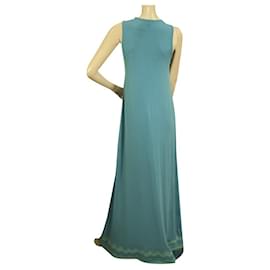 Autre Marque-Ranna Gill Blue Turquoise Embroidered Bib Sleeveless Maxi Long Dress size S-Green