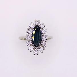 Autre Marque-Anillo de zafiro marquesa y margarita rodeado de diamantes en oro blanco 750%O-Azul oscuro,Hardware de plata