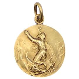 Autre Marque-Religious Art-Nouveau Medal Saint Elie vs Plane, becker gold 750%O-Gold hardware