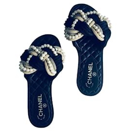 Chanel-Mules in corda di perle-Nero,Bianco,Beige,Grigio