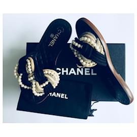Chanel-Mules in corda di perle-Nero,Bianco,Beige,Grigio