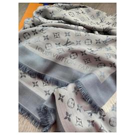 Louis Vuitton Pearl Grey Silk and Wool Blend Monogram Denim Shawl