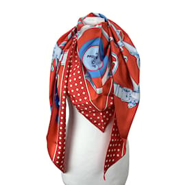 Hermès-Hermes Red Silk La Promenade du Matin Giant Triangle Scarf d'Origny-Vermelho