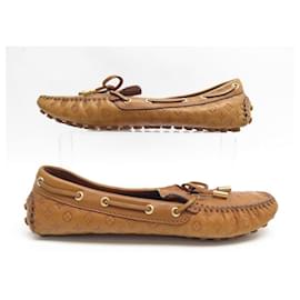 Louis Vuitton-LOUIS VUITTON DRIVER SHOES MONOGRAM LEATHER MOCCASIN 38.5 LOAFERS SHOES-Camel
