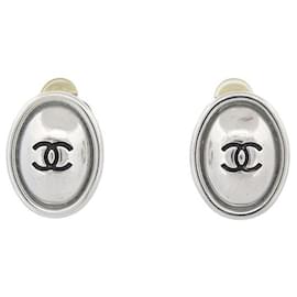 Chanel-VINTAGE EARRINGS CHANEL OVAL LOGO CC 1999 SILVER METAL EARRINGS-Silvery