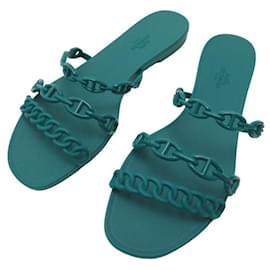 Hermès-NEW HERMES RIVAGE ANCHOR CHAIN SANDALS 40 GREEN SHOES GREEN RUBBER-Green