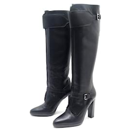 Hermès-Hermes shoes 38.5 BUCKLE BOOTS HEELS IN BLACK LEATHER LEATHER BOOTS-Black
