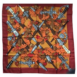 Hermès Lenço de seda Au plus de Dru Preto Laranja Bronze Preto Laranja Bronze