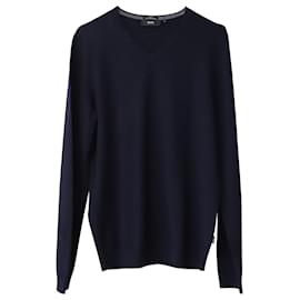 Hugo Boss-Boss Slim Fit V-Neck Sweater in Navy Blue Merino Wool-Blue,Navy blue