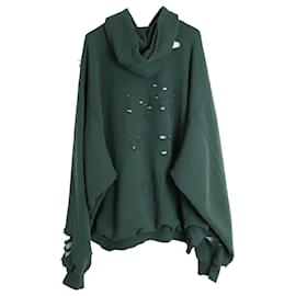 Balenciaga-Balenciaga Oversized Distressed Logo-Print Jersey Hoodie in Green Cotton-Green