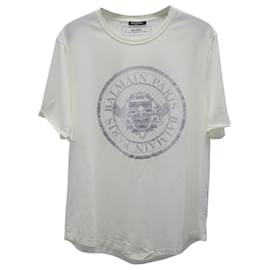 Balmain-Balmain Coin Logo T-Shirt in White Cotton-White,Cream