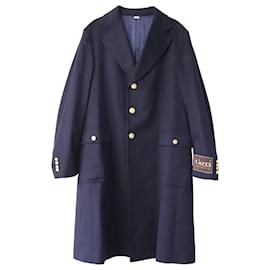 Gucci-Gucci Logo Embroidered Long Coat in Navy Blue Cashmere-Blue,Navy blue