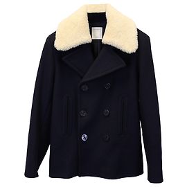 Pea coat Sandro Paris con collo staccabile in finto shearling in lana blu navy Blu navy