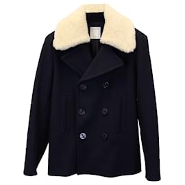 Sandro-Sandro Paris Pea Coat with Detachable Faux Shearling Collar in Navy Blue Wool-Navy blue