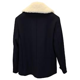 Sandro-Sandro Paris Pea Coat with Detachable Faux Shearling Collar in Navy Blue Wool-Navy blue