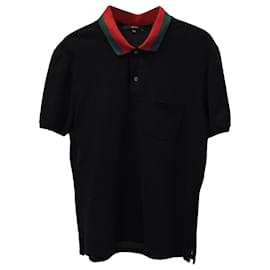 Gucci-Gucci Web Collar Detail Polo T-Shirt in Black Cotton Pique-Black