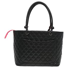 Chanel-CHANEL Cambon Line Tote Bag Lamb Skin Black CC Auth 39329-Black