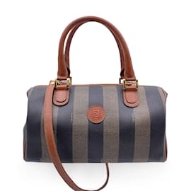 Fendi-Petit sac Boston vintage en toile de vinyle à rayures Pequin avec sangle-Marron
