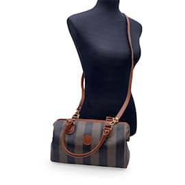 Fendi-Petit sac Boston vintage en toile de vinyle à rayures Pequin avec sangle-Marron