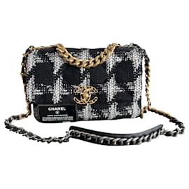 Chanel-Chanel Black & White Tweed Quilted Medium Chanel 19 Flap-Black,White,Other