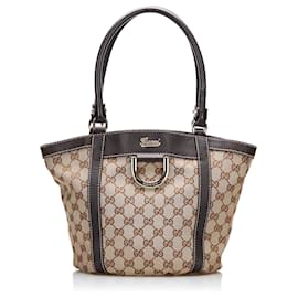 Gucci-Gucci Brown GG Canvas Abbey D-Ring Bucket Tote-Brown,Beige