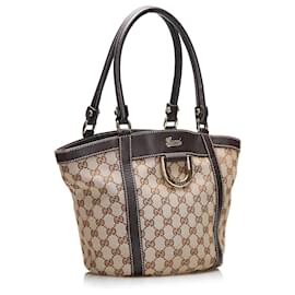 Gucci-Gucci Brown GG Canvas Abbey D-Ring Bucket Tote-Brown,Beige