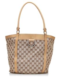 Gucci-Gucci Brown GG Canvas Abbey D-Ring Bucket Tote-Brown,Beige
