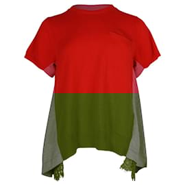 Sacai-Sacai Two-tone Knit Asymmetric Hem Knit Top in Red/Pink Wool Blend-Red