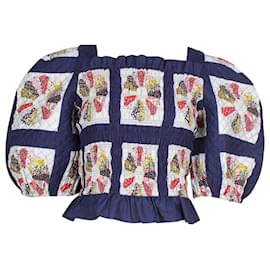 Sea New York-SEA Open-Back Shirred Quilted Printed Top in Navy Blue Cotton-Other