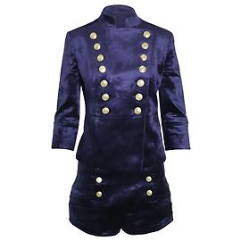 Conjunto de Blazer e Short Militar Pierre Balmain em Veludo Azul Azul