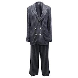 Max Mara-Conjunto Max Mara de traje a rayas con botonadura forrada en lino gris oscuro-Gris