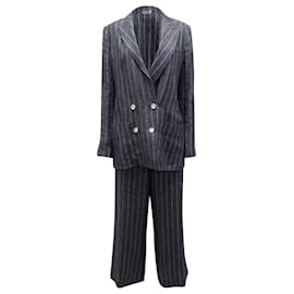 Max Mara-Max Mara Striped Double-Breasted Suit Set in Dark Grey Linen-Grey