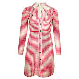 Sandro-Sandro Paris Houndstooth Button-Up Dress in Red Cotton-Red