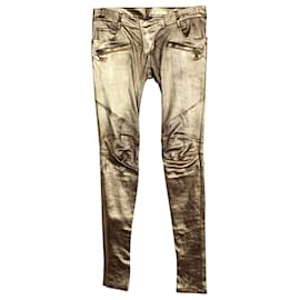 Balmain-Balmain Skinny Pants in Gold Lambskin Leather-Golden,Metallic