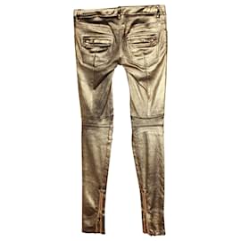 Balmain-Balmain Skinny Pants in Gold Lambskin Leather-Golden,Metallic