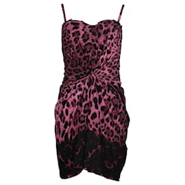 Dolce & Gabbana-Dolce & Gabbana drapiertes Minikleid mit Leopardenmuster vorne aus rosa bedruckter Baumwollseide-Andere