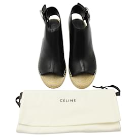 Céline-Celine Open Toe Espadrilles Wedge Sandals in Black Leather-Black