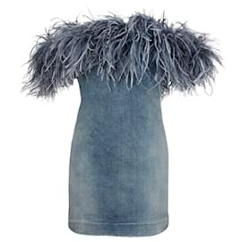 Saint Laurent-Saint Laurent Feather Trim Mini Dress in Blue Cotton Denim-Blue