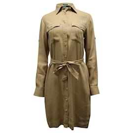 Autre Marque-Lauren Ralph Lauren Belted Shirt Dress in Beige Linen-Brown,Beige