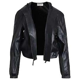 Valentino Garavani-Valentino Hooded Cropped Jacket in Black Lambskin Leather-Black
