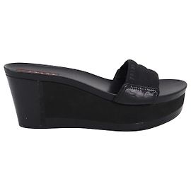 Prada Sport Wedge Slides in Black Leather  Black
