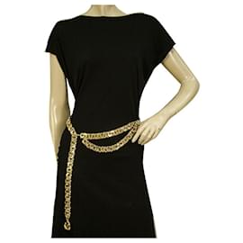 Chanel-Chanel Vintage Soltero (con gota rayada) Strand Gold tone Chain Tag & Drop Belt CC ajustable-Dorado