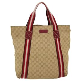 Gucci-GUCCI GG Canvas Sherry Line Tote Bag Beige Red white 189669 auth 39608-White,Red,Beige
