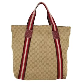 Gucci-GUCCI GG Canvas Sherry Line Tote Bag Beige Red white 189669 auth 39608-White,Red,Beige