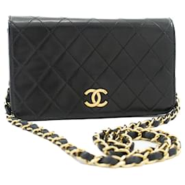 Chanel-CHANEL Pochette de sac à bandoulière en chaîne à rabat intégral en cuir d'agneau matelassé noir-Noir