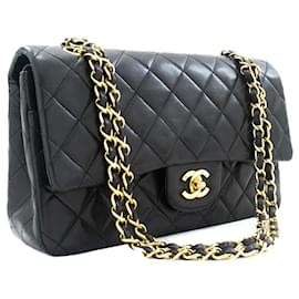 Chanel-Patta foderata Chanel Classic 10"Borsa a tracolla a catena in pelle di agnello nera-Nero