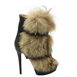 Christian Louboutin-Christian Louboutin Fur Toundra Coyote Ankle Boots in Black Leather-Black