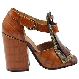 Dries Van Noten Fringe Ankle Strap High Heel Sandals in Crocodile-Print Leather Other Python print